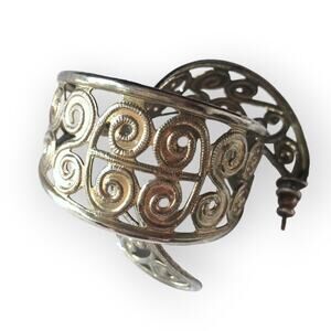 Antiqued silver tone elaborate spiral semi-hoop earrings